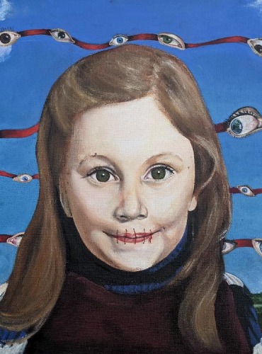 A small girl is watched by judging eyes, they are on a red thread, waving in the air and going left to right across the blue sky. There are horizontal red stitches in the girls mouth. Disempowering her from speech, but not thought. This painting is inspired by the Scandinavian tale of the Wyrd Sisters.