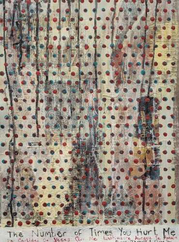 A painting with a collaged background and rows of dots turquoise over printed with red cover the entire image. A section at the bottom is cut off and contains the words "The number of times you hurt me, even though I loved you" in both English and Spanish