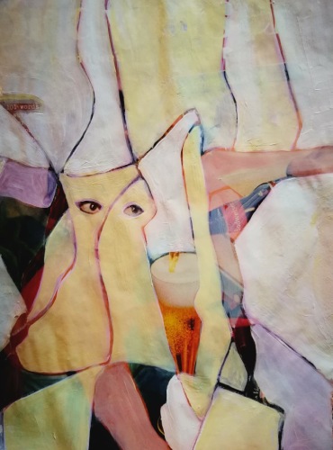 Looking Just Right. This is an abstract painting of a woman dancing. The body was drawn moving and dancing over and over again and then yellows and cream colours were applied between the lines in sections of colour. This painting was done over a magazine advert of a woman looking beautiful at a party. The party scene was painted out and all that remains of the advert is a glass of beer and the woman's eyes.