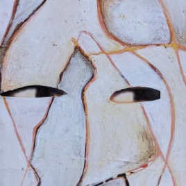 Abstract painting of a woman dancing in whites, oranges and browns. Within the image is a pair of eyes. The painting was created over the top of a postcard of the film The Shining, and the eyes belong to Jack Nicholson, he had just hacked his way through the bathroom door, pushed his face through the gap created with an axe, and said "Here's Jonny". The painting is named "Here's Jonny"