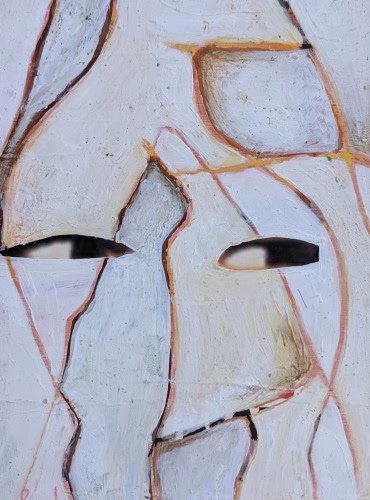 Abstract painting of a woman dancing in whites, oranges and browns. Within the image is a pair of eyes. The painting was created over the top of a postcard of the film The Shining, and the eyes belong to Jack Nicholson, he had just hacked his way through the bathroom door, pushed his face through the gap created with an axe, and said "Here's Jonny". The painting is named "Here's Jonny"