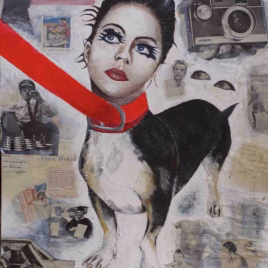 A War Not Over Yet. A small Jack Russell dog has the head of a woman. Her lead is made from an orange belt which is being held outside the picture so you can not see a hand holding it. The woman has dark eyeliner and red lipstick. The background is a collage of images of women graduating, a policaman playing chess and words such as "Politics" and "a war not over yet"