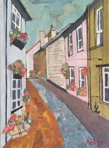 A collaged painting of a street in Cawsand. Multicoloured terraced houses on eith side of the road. The house on the left and one on the right have window boxes filled with flowers.