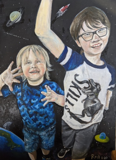 Two small boys are dancing in this painting of outer space. Behined them are rockets and planets. The bous are wearing tshirts and shorts with trainers. One had blonde hair and the other boy dark hair and glasses. They are brothers.