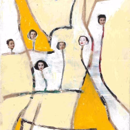 A golden Age of Couture. This is an abstract painting of a woman dancing. The body was drawn moving and dancing over and over again and then yellows and oranges were applied between the lines in sections of colour. This painting was done over a postcard of women dressed in 1950's couture. The ladies on the postcard were painted out except for their heads.