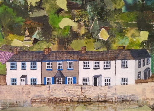 A painting of a row of cottages by a river. The cottages all have three windows at the top and downstairs a window either side of the door. The first third and fourth cottages are white and the second cottage is a pale brown. In front of the cottages is a wall and below that water. Begined the cottages is a woodland which is on a steep slope and fills the space to the top of the painting