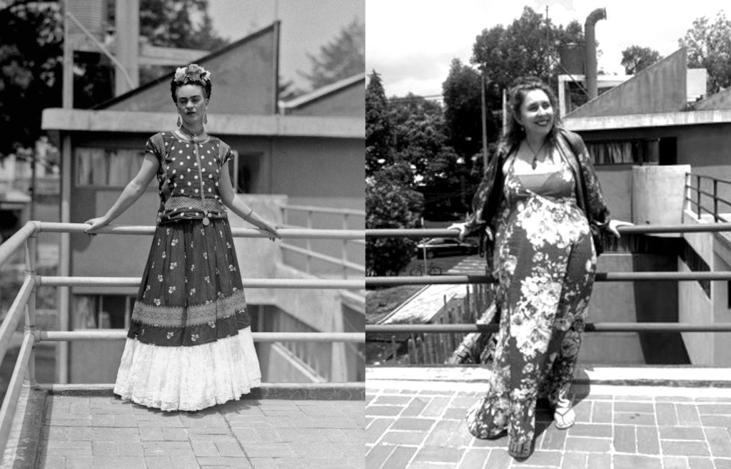 Two black and white photo's side by side. Photo one is Frida Kahlo dressed in traditional Mexican Costume, with flowers on her head. She is leaning on railings on the roof of her house, and the floor is tiled. The second photo is Red, standing in the same location and leaning on the same railings.