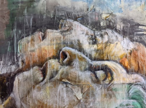 Portrait of a father and daughter. The man is in the foreground and lying on his back. You can see only his face and he is dying. His eyes are closed and his mouth slightly open. Behind him is the side profile of his daughter and you can see the similarity of the eyes, nose and mouth. This is a painting made with collage and the paper is torn and crumpled to show the fragility of life