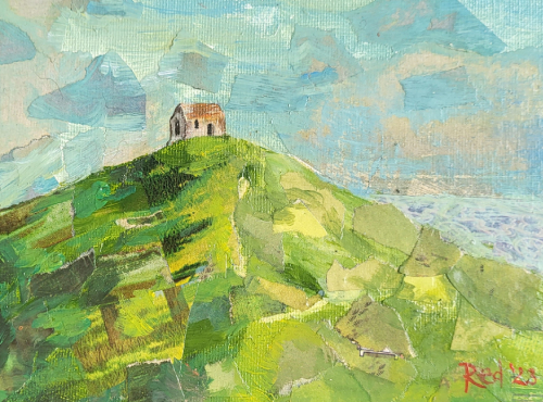 A tall hill with a derelict chapel at the top of it. Behind is the sea. This is Rame Head Chapel in Cornwall. The picture is a mix of paint and collage