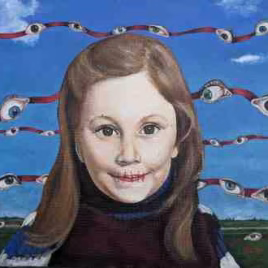 A small girl is watched by judging eyes, they are on a red thread, waving in the air and going left to right across the blue sky. There are horizontal red stitches in the girls mouth. Disempowering her from speech, but not thought. This painting is inspired by the Scandinavian tale of the Wyrd Sisters.
