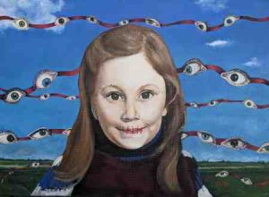 A small girl is watched by judging eyes, they are on a red thread, waving in the air and going left to right across the blue sky. There are horizontal red stitches in the girls mouth. Disempowering her from speech, but not thought. This painting is inspired by the Scandinavian tale of the Wyrd Sisters.