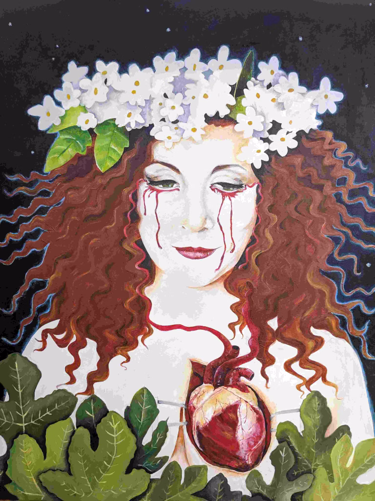 A woman with long curly red hair is wearing a white flower crown. She is under the night sky and there are stars around her head. Her chest is open as if she is having heart surgery and medical implements hold her skin open revealing her heart. Two arteries travel from the heart, through her hair and finish by her eyes, each dripping blood as if they are tears. The blood is running down her face. In front of her naked form are fig leaves which cover her breasts. She is the moth, attracted to false light.